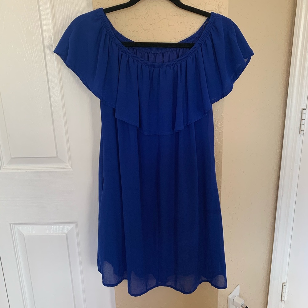Blue Off-The-Shoulder Ruffle Dress w/ Pockets - Picture 3 of 7